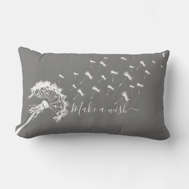 Whimsical Dandelion Make a Wish Grey White Lumbar Cushion (Front)