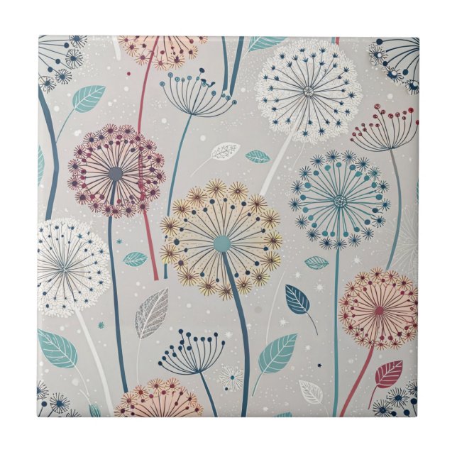 Whimsical Dandelion - Red, Yellow, White & Teal Tile (Front)