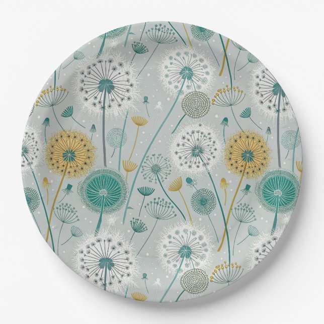 Whimsical Dandelion - Yellow, White & Teal Paper Plate (Front)
