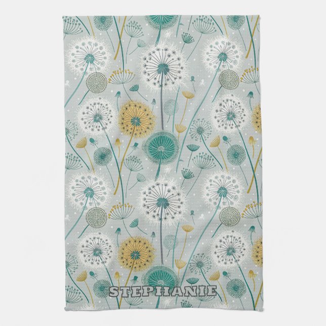 Whimsical Dandelion - Yellow, White & Teal Tea Towel (Vertical)