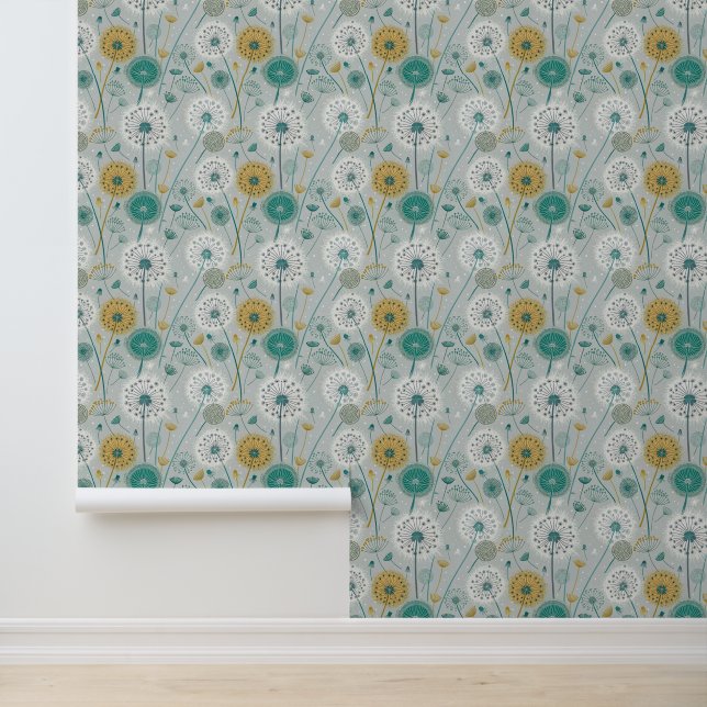 Whimsical Dandelion - Yellow, White & Teal Wallpaper (Application)