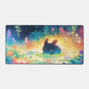 Whimsical Dark Axolotl Rainbow Forest Pond Desk Mat