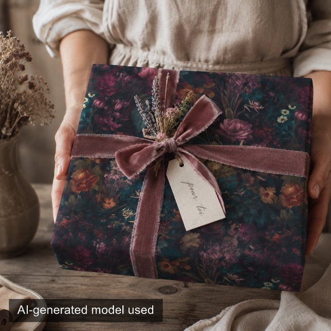Whimsical Dark Moody Boho Floral Decoupage Wrapping Paper (Creator Uploaded)