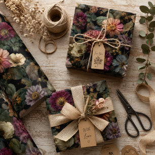 Whimsical Dark Moody Boho Floral Pink and Green Wrapping Paper