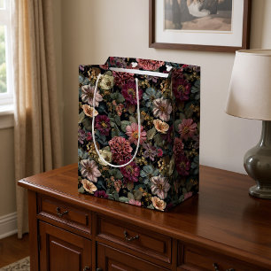 Whimsical Dark Moody Muted Pink and Green Floral  Medium Gift Bag
