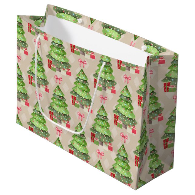 Whimsical Decorated Christmas Trees and Red Bows   Large Gift Bag (Front Angled)