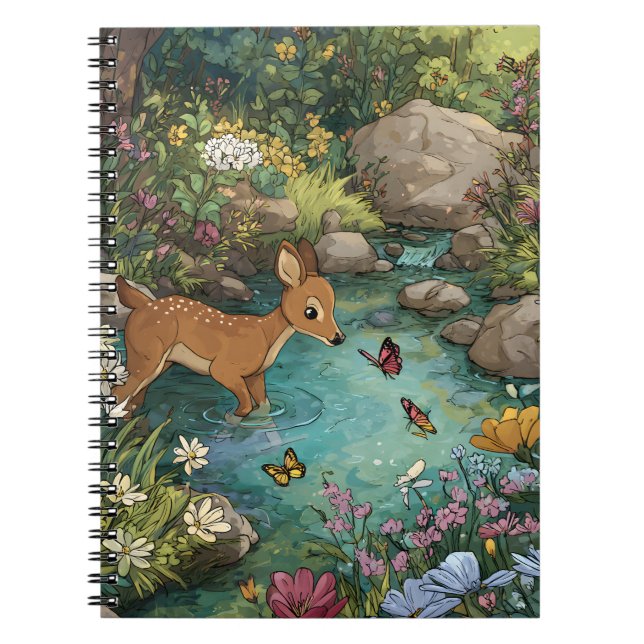 Whimsical Deer in Enchanted Forest Pond Art Notebook (Front)