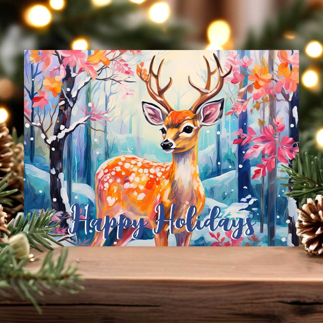 Whimsical Deer in Forest Cute Christmas Holiday Card (Creator Uploaded)