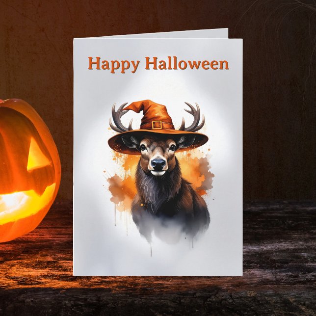 Whimsical Deer Orange Witch Hat Halloween Card (Happy Halloween Stag Witch Hat Greeting Card. Spooky Season Deer witchy design notecard)