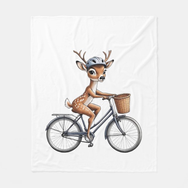 Whimsical Deer Riding a Bicycle – Hand-Drawn Fleece Blanket (Front)