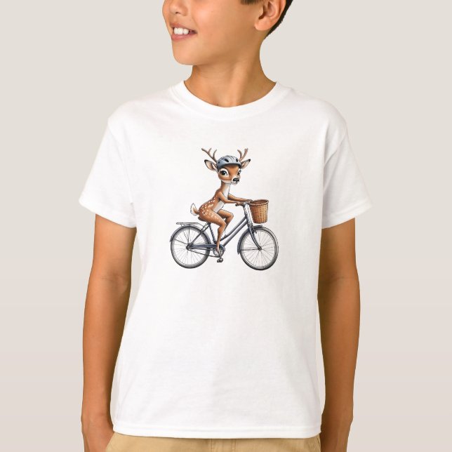 Whimsical Deer Riding a Bicycle – Hand-Drawn T-Shirt (Front)