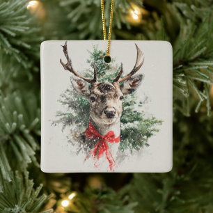 Whimsical Deer with Red Bow Christmas Ornament