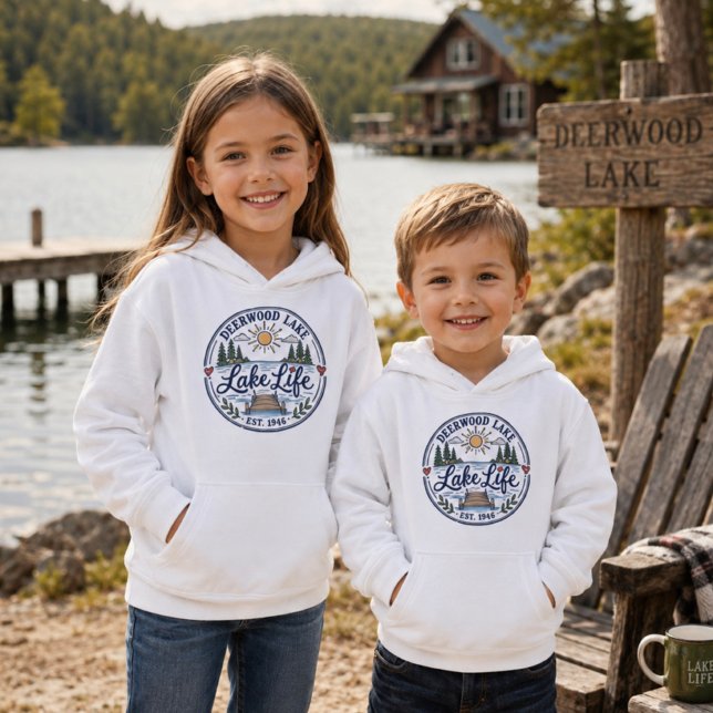 Whimsical Deerwood Lake Dock Pines (Cozy Deerwood Lake kids hoodie with a whimsical Lake Life design for little lake lovers!)