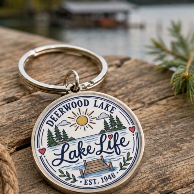 Whimsical Deerwood Lake Dock Pines Key Ring (Deerwood Lake keychains with cute, whimsical Lake Life design by Inspirivity )