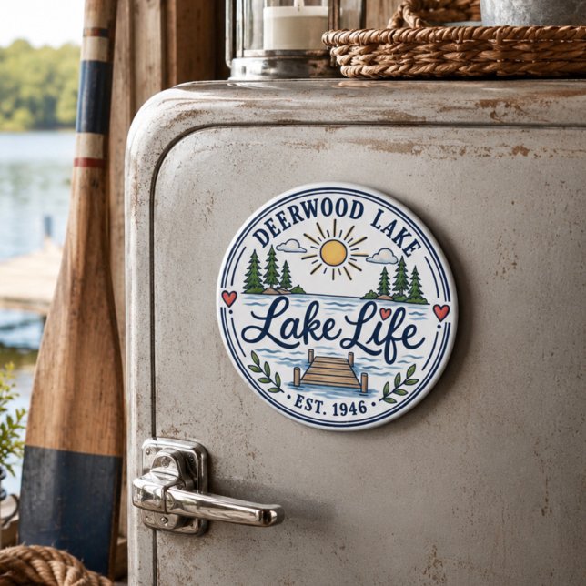 Whimsical Deerwood Lake Dock Pines Magnet (Deerwood Lake magnet with cute, whimsical Lake Life design by Inspirivity )