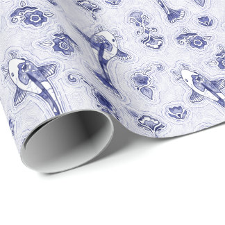 Whimsical Delft Blue Pottery Koi Wrapping Paper