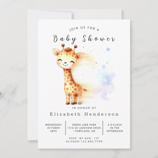 Whimsical Digital Giraffe Baby Shower  Invitation (Front)