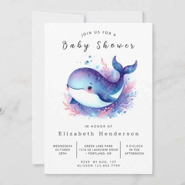 Whimsical Digital Whale Baby Shower Invitation (Front)