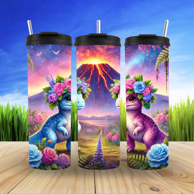 Whimsical Dinosaurs in Flower Crowns Thermal Tumbler (Creator Uploaded)