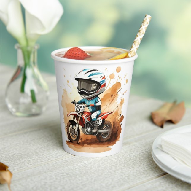 Whimsical Dirt Wheels Motorcycle Birthday Paper Cups (Insitu)