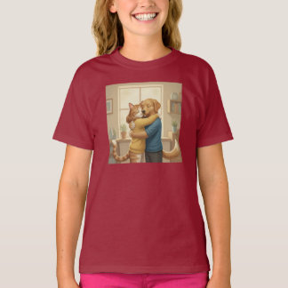 Whimsical Dog and Cat Hug Girls' T-Shirt