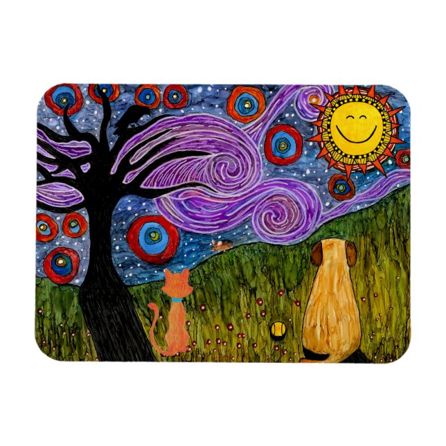 Whimsical Dog and Cat Starry Night Mouse Pad  Magnet (Horizontal)