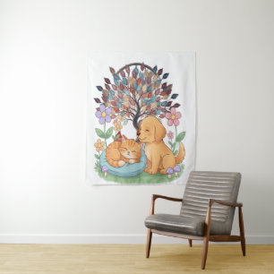 Whimsical Dog & Cat Tapestry – Colorful Nature Wal