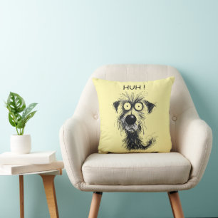 Whimsical Dog HUH! Funny Sketch Throw Pillow