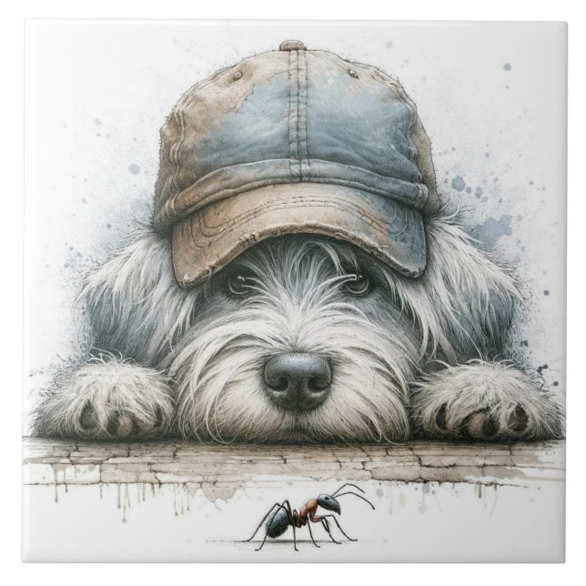 Whimsical dog looking at  a spider tile (Front)
