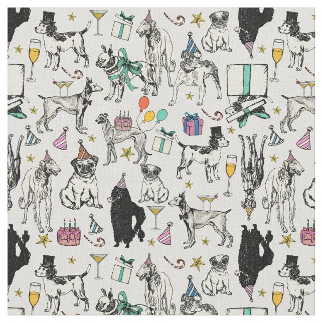 whimsical dogs birthday party celebration  fabric (Close Up)