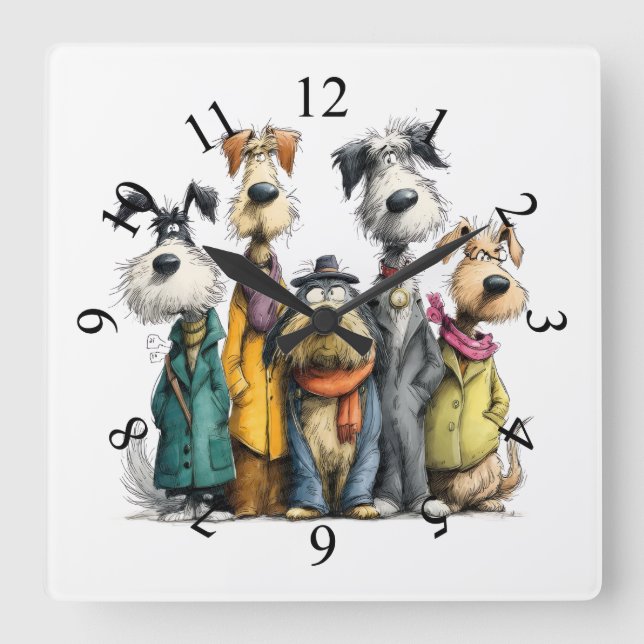 Whimsical dogs square wall clock (Front)