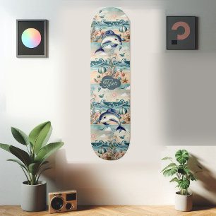 Whimsical Dolphin Boho Ocean Waves Beach Tropical  Skateboard