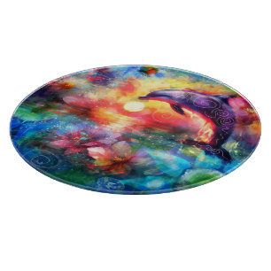 Whimsical Dolphin Coastal Nautical Floral Teal Cutting Board