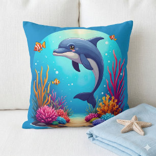 Whimsical Dolphin in Vibrant Coral Reef Cushion