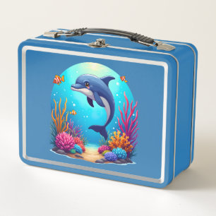 Whimsical Dolphin in Vibrant Coral Reef Metal Lunch Box