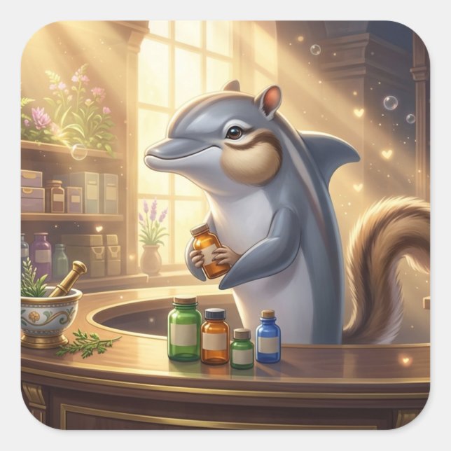 Whimsical Dolphin Squirrel Apothecary Square Sticker (Front)