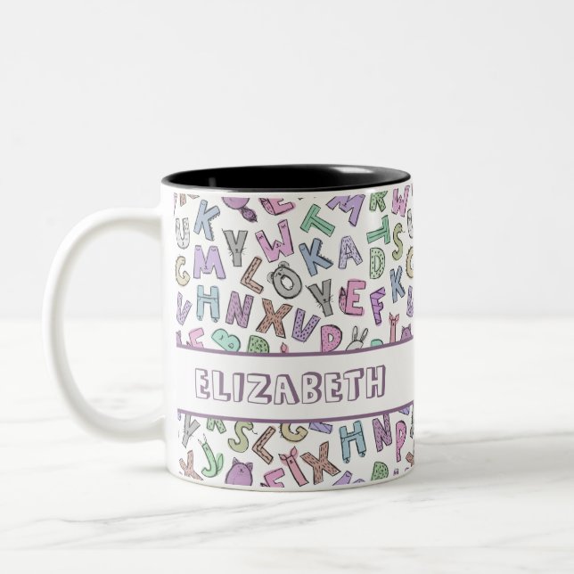 Whimsical doodle alphabet letters Two-Tone coffee mug (Left)