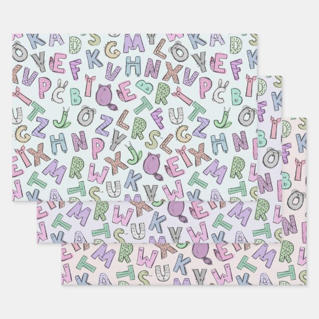 Whimsical doodle alphabet letters wrapping paper sheet (Set)