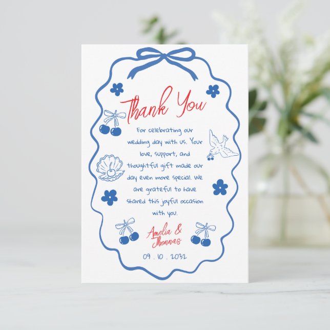 Whimsical Doodle blue Red wedding thank you (Standing Front)