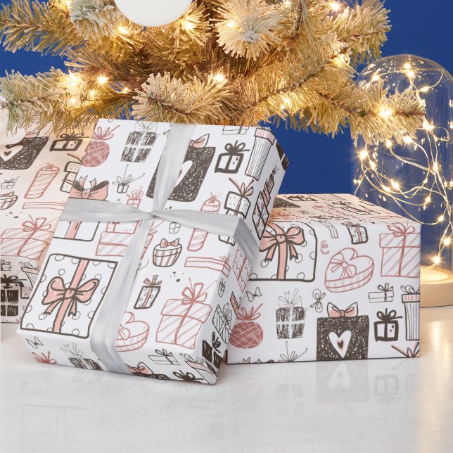 Whimsical Doodle Gifts Drawing Pink Christmas Cute Wrapping Paper (Holidays)