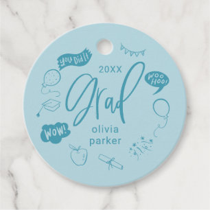 Whimsical Doodle Grad Party Blue Favour Tags