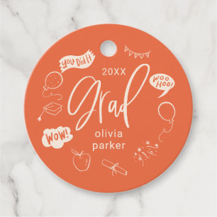 Whimsical Doodle Grad Party Orange Favour Tags