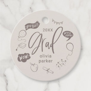 Whimsical Doodle Grad Party Sandy Beige Favour Tags