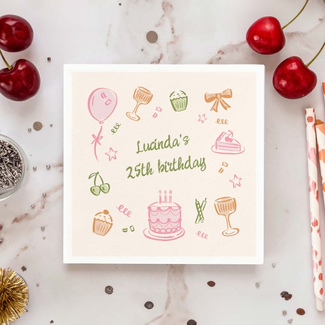 Whimsical Doodle Hand Drawn Birthday Party Napkin (colourful, whimsical, hand-drawn birthday icon doodles paper napkin)