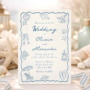 Whimsical Doodle Hand Drawn Coastal Beach Wedding Invitation