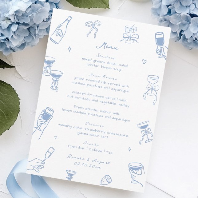  Whimsical Doodle Hand Drawn Dusty Blue Wedding Menu (Creator Uploaded)