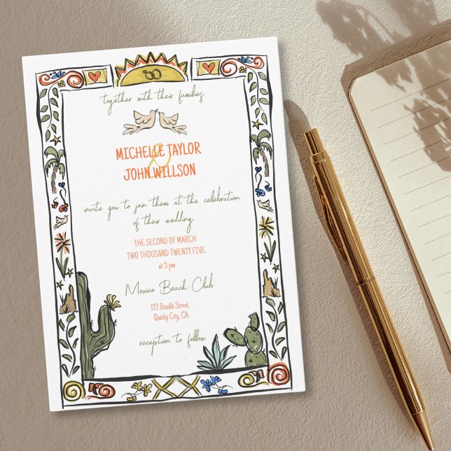 Whimsical Doodle Hand Drawn Mexico Beach Wedding Invitation (mexican doodle colorful cactus)