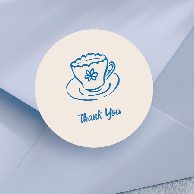 Whimsical Doodle Hand Drawn Tea Cup Thank You Classic Round Sticker (whimsical tea cup doodle thank you sticker for bridal shower)