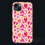 Whimsical Doodle Hearts with Patterns and Texture iPhone 13 Case<br><div class="desc">This pretty, whimsical pattern has interlocking hearts done in a doodle style. They're made in shades of purple, pink, orange and yellow on an off-white background with a slight crumpled paper look. Some hearts have polka dots, others plaid or stripes. They all float around each other and interlock on this...</div>