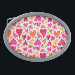 Whimsical Doodle Hearts with Patterns and Texture Oval Belt Buckle<br><div class="desc">This pretty, whimsical pattern has interlocking hearts done in a doodle style. They're made in shades of purple, pink, orange and yellow on an off-white background. Some hearts have polka dots, others plaid or stripes. They all seem to float around each other and interlock on this sweet, fun design that...</div>